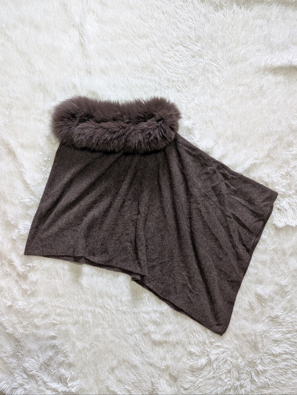 Alashan 100% Cashmere Fox Trim Brown Poncho Topper Lightweight Sweater - Picture 5 of 12